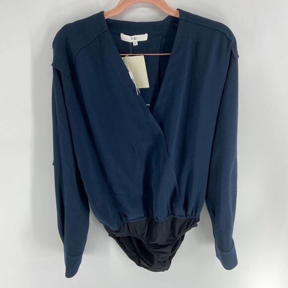 Tibi Coastal Blue Navy Long Sleeve V neck Wrap Bodysuit NWT Womens 2 MSRP 385$ - Picture 3 of 8